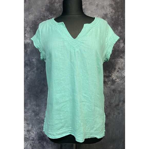 Saint Tropez West Medium Seafoam Green 100% Linen Embroidered Top - Picture 2 of 4